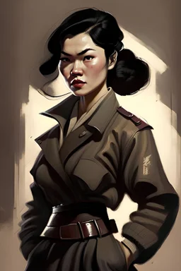 female, asian,fighter, british clothing 1940s, dark hair, stirn look, modern artstyle