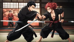 yujiro hanma vs yoriichi tsugukuni, baki vs kimetsu no yaiba, two mans standing in front of each other, a big strong man in black shirt with red hair and evil grin in martial art's stance facing a smaller feminine swordsman with long hair and calm face reaching for his sword in traditional japanese clothes both preparing to fight each other