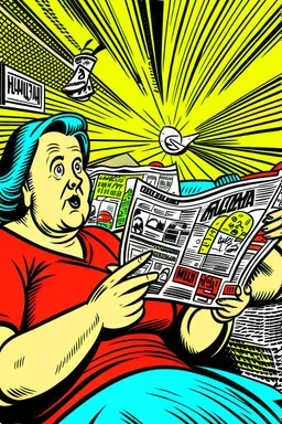 fat woman sitting on sofa READING NEWS PAPER listening to radio watching tv news WITH BIG BOTTLE OF SODA AND EATING BIG BAG OF POTATO CHIPS in a room with signs of propaganda in the style of roy lichtenstein