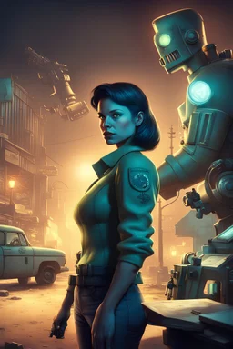 book cover illustration, Nico Belic and woman in fallout 4 setting, bokeh, downlight, prize winning, depth of field, monster in background, stereoscopic cartoon storyline montage, glowing guns