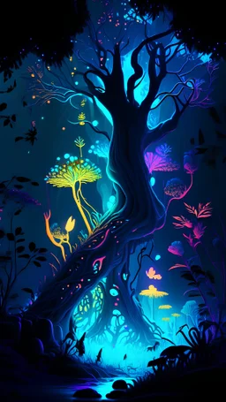 Create an otherworldly forest with bioluminescent flora and fauna. The trees should glow with vibrant colors, and mythical creatures should inhabit the scene.
