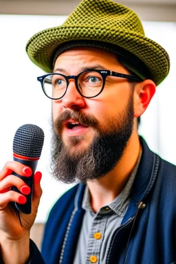 Man fires up with a microphone in his hand, wears glasses, hat, small beard, looks like a clog.