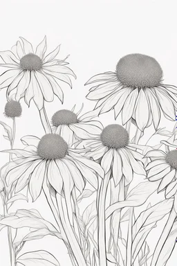 outline art of Coneflower only black and white, no colour , White background. sketch style, clean line art, white background, no shadow and clear, no people, no colour, for book