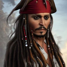 Captain Jack Sparrow, johnny depp ,award winning portrait long black hair. unreal engine 5, artistic lighting, highly detailed, photorealistic, fantasy , 24mm