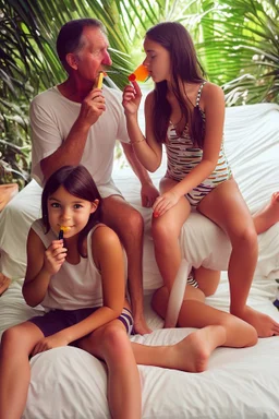 young natural teenage girls with dad in a swimsuit in a bed in the jungle. eating a lollypop. cute. sharing icypole. icecream on face. old man. fit body. feet