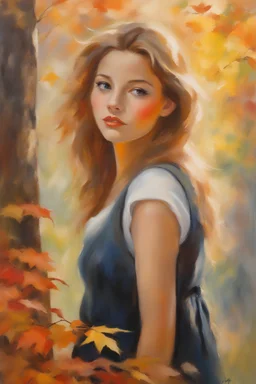 Masterpiece painting of a beautiful girl looking at the sunlight in autumn, forest, oil pastel style, Anne Shirley, beautiful painting, best quality, young girl, 15 years old, oil pastel painting style, impressionist painting, painted by Willem Haenraets