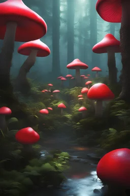 Swamp land area, swamp trees, giant mushrooms, shrubbery, hyperrealistic, light rays, photographic, anatomically correct giant red mushrooms, giant mario mushrooms photorealistic version, swamp, colorful swamp, neon plants, neon mushrooms on the ground, dark with light rays, dark with light form neon mushrooms and neon flora, dense vegitation