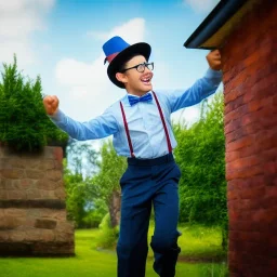 tall young man witbh square glasses, brown hair and grey eyes. He wears blue shirt, dark tails, bow tie and colorful chimney pot hat. He is dancing and laughing.