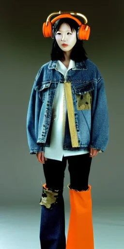 Young fleshy Korean woman black hair. thick thigh, thick calves. Style: Haute Couture, 1990's, rough street style.Mantle is sewed of recycled Denim and sewed together of camouflage pieces.Big headphones, with gold rings, is merged with small felt cap with small visor. A bag is integrated to the mantle. Patterns are composed of orange, cream, blue, lilac and purple. blue latex somewhere. It is with big bright purple felt tippet and cream-colored-hood. mantle is merged with tippet.