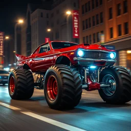 digital photograph, fantastical souped-up red muscle car with monster truck tires and futuristic silver hydraulics driving down a city street, dramatic angle, nighttime, cinematic lighting,