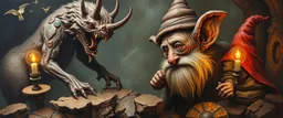 master oil painting with some air brush, hyena gnome kobold realistic and creepy, straight from the lich lab, in the style of Escher and Titian