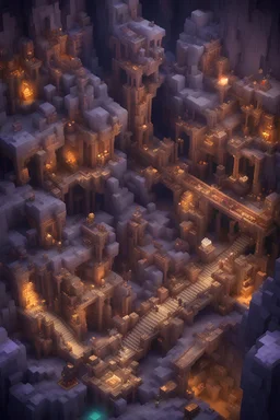 Minecraft voxel styling, large bustling underground dwarven city, buildings recessed into walls of caverns, the cavern has multiple layers and exposure to the surface, steampunk machines and steampunk-inspired architecture, copper and lilac magic logs building materials, industrial piping and scaffolding, bridges suspended connecting buildings, train tracks and train station on lower level of cavern