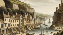 bay at foot of cliffs, with medieval buildings, shops, inn, taverns, people, piers, harbour, trees