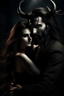 Beard, dark hair, demon prince, horns, handsome, mysterious, gentle, embracing a beautiful woman with long dark hair