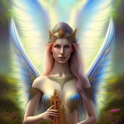 water color and spray painting fantasy art, portrait elven angel,holding harp, standing in portal to wet forest world from desert world with camels,poetry book illustration