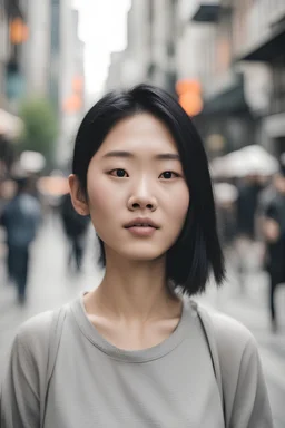 Eine Frau 25 Jahre alt mit schwarzen haaren, asiatisch ohne Piercings. die in einer Stadt ist, die Stadt ist sehr voll mit Menschen. Die Frau soll nach hinten blicken, Man sieht die Frau von hinten, also man soll ihren rücken sehen