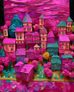 A purplish magenta town made out of yo-yos and tops painted by Vincent van Gogh