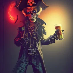 a cyberpunk hacker pirate captain skeleton holding beer with a pirate hat sitting in front of a huge old crt monitor in a dark room , only light coming from crt monitor, highly detailed, intricate, digital art, trending on artstation, trending on cgsociety, by greg rutkowski