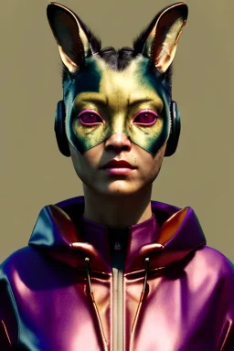 Medium Close Up Portrait, Front image. cyberpunk, rabbit mask, Asian woman, pink hair. latex tracksuit. Red, black, gold, color. Retro style. Color background, photo studio. Avatar image, highly detailed, concept art, smooth, unreal engine 5, god rays, ray tracing, RTX, lumen lighting, ultra detail, volumetric lighting, 3d, finely drawn, high definition, high resolution.