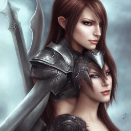 fantasy art, female, attractive, 8k, full body, leather armors, greatsword, silver shoulder length hair, vibrant silver eyes, slight scar on cheek, details,texture