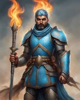 An iranian commander with flaming eyes with flaming light blue pupils with stubble An armor made of a mixture of steel and leather, worn by a strong commander with magical power stands atop a squire