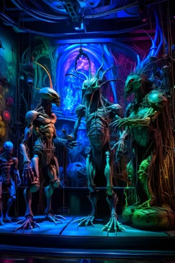 "a Hieronymus Bosch inspired below view dark distorted imagination psychedelic artwork in a Körperwelten diorama setting, made by an artist on lsd and dmt. The artwork is depicting multiple hue glitching frantically humanoid figures set in a video feedbackloop. the figures are wearing industrial anatomical dinosaur power-armor with large tubes and analog components and large skeletal dragon helmet; the final image contains droste effect picture-in-picture double exposure effects and is photoreai