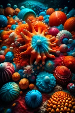 Fantasy Coastal Creatures without vibes Oddly Turned Into Dangerous Viruses based on colorful seashells Photo warm vibe