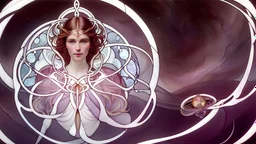 art by Alfons Mucha and Patrick Woodroffe, stained glass motif, Ouroboros, infinity symbol, mystical, mechanistic, metaphysical, serpentine, cosmic, nebula, HD 4K, sharp detail, photo-realistic, octane rendering, award winning photography, cinematic lighting