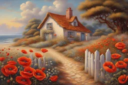 painting depicting a picturesque, richly detailed location, similar to the work of masters such as Josephine Wall or Tomasz Alen Kopera. A cozy, quaint white cottage with a gray shingled roof nestled among sandy dunes. A wooden fence encloses a charming garden blooming with colorful flowers like red poppies and white daisies in front of the house. The property features two gable-fronted dormers with windows, complementing white-framed windows adorned with lace curtains, and a sky-blue front door