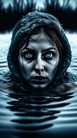 A woman with an evil face, a face of horror, water, winter, frozen lake, darkness.