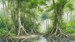 tropical mangrove forest along a calm coastal lagoon, twisted roots rising from shallow water, small fish and crabs visible beneath the surface, herons and kingfishers perched on branches, lush green vegetation, soft natural light, watercolor naturalist painting style