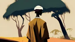 Design, African man, oil painting, featureless, graphic, drawing without facial features, background, sky, trees, traditional clothes, cartoon, looking left