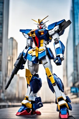 Full body Photography A picture cyber mechines Gundam,with surface coated chrome polished details, city background