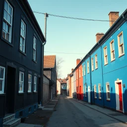 Fotografia di strada assurda e falsa a Magog blu weirdcore dai colori vivaci. Non luogo falso, inusuale. Max Ernst. Le case sono false e dipinte di nero chiaro con cose stilizzate e dettagli. Ci sono finestrelle false quadrate, che danno un senso distopico e molto surreale, disposte in modo casuale. L'atmosfera generale sembra noiosa e onirica, con un contrasto tra elementi reali ed elementi dipinti falsi, René Magritte