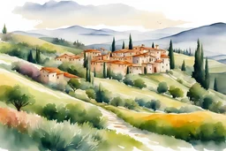 watercolor ,landscape, many colors, detailed, colorize, white background a hills, Tuscan villa on rolling hills, surrounded by green cypress trees and blooming fields. Infuse the scene with sunlight, conveying a cozy and tranquil atmosphere. a white background 9:11