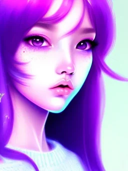 kawaii girl, purple hair, cute, semirealistic, sweater, close up portrait