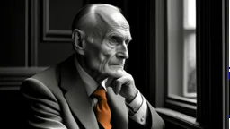 An elegant black and white photograph of an elderly man with balding hair, dressed in a stylish grey suit and a bow tie, sitting by a window with a striking green frame. He leans his head on his hand, thoughtfully gazing out into the distance. The warm orange tones of the wall behind him create a cozy atmosphere, contrasting with the monochromatic attire of the man.