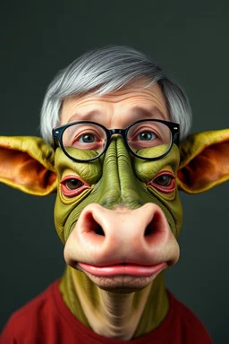 half grey haired half bald Bill Gates with a gremlin cow with big lipstick mouth, big lips