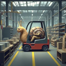 A giant snail in a factory driving around in a forklift, and are in the way for every worker