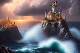 An illuminated city at top on a rough cliff at the stormy sea at sunset, 8k resolution, high-quality, fine-detail, intricate, fantasy art, detailed matte, volumetric lighting, illustration, 3D