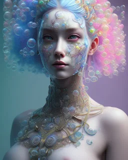 head and shoulders portrait of a woman with bubbles/orbs on her head, long blue hair, face paint, jester hat, Takato Yamamoto artist, Akiya Kageichi artist, Jedediah Berry inspired, 8k resolution concept art portrait, dynamic lighting, hyperdetailed, intricately detailed, maximalist, beautiful, peaceful