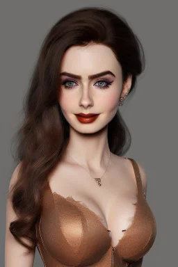 Portrait busty and face, Lilly collins face, brown eyes, wearing Womderfull dress,