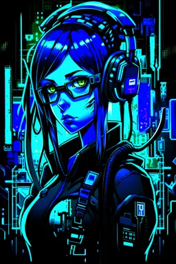 blue and black themed nerdy cyberpunk anime girl