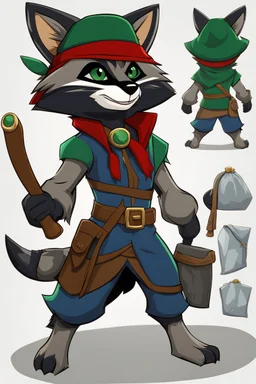 Remy is a raccoon with charcoal-gray fur and emerald-green eyes. He has a black mask-like pattern around his eyes. He wears a tattered dark blue bandit's outfit with a red sash and a feathered hat. Additionally, he carries a leather pouch for stolen treasures. This description is suitable for creating an image in the style of "Sly Cooper: Thieves in Time."