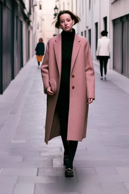 mujeres de 35 años caminando por una céntrica calle de una ciudad española, visten ropa de segunda mano, abrigo y jersey de cuello alto, es la moda y es tendencia, fotografía real, de cara a la cámara