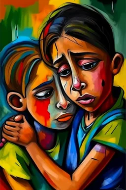 a girl hug her brother and both crying sadly, expressionism, Pixar style, in abstract art Basquiat, Picasso, Miro, Kandinsky, Klee, Birell, Fairey, Ardon, Buffet aand Picasso style, HD --s 750 --v 5.1 --style raw, water color