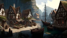 gothic medieval village at foot of cliffs, wooden harbour, shops, inn, taverns, houses, people, trees