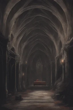 The inside of the toomb of Strahd Von Zarovich. Dark and foreboding, with a polished ebony coffin.