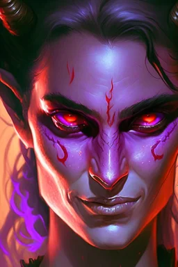 purple skin, glowing fiery eyes, smirk