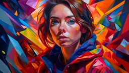 Develop a dynamic and energetic painting of me catsurrounded by a kaleidoscope of colors and abstract shapes, shot on a Fujifilm X-T4, 50mm lens, f/2.0 aperture, in the soft light of dusk, drawing inspiration from impressionist techniques.